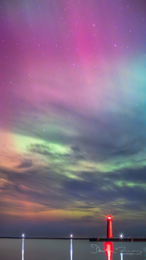 Aurora Borealis, Northern Lights Over Muskegon South Pier Head Light