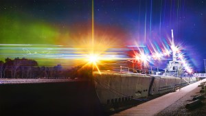 USS SILVERSIDES SS-236 UNDER AURORA NORTHERN LIGHT