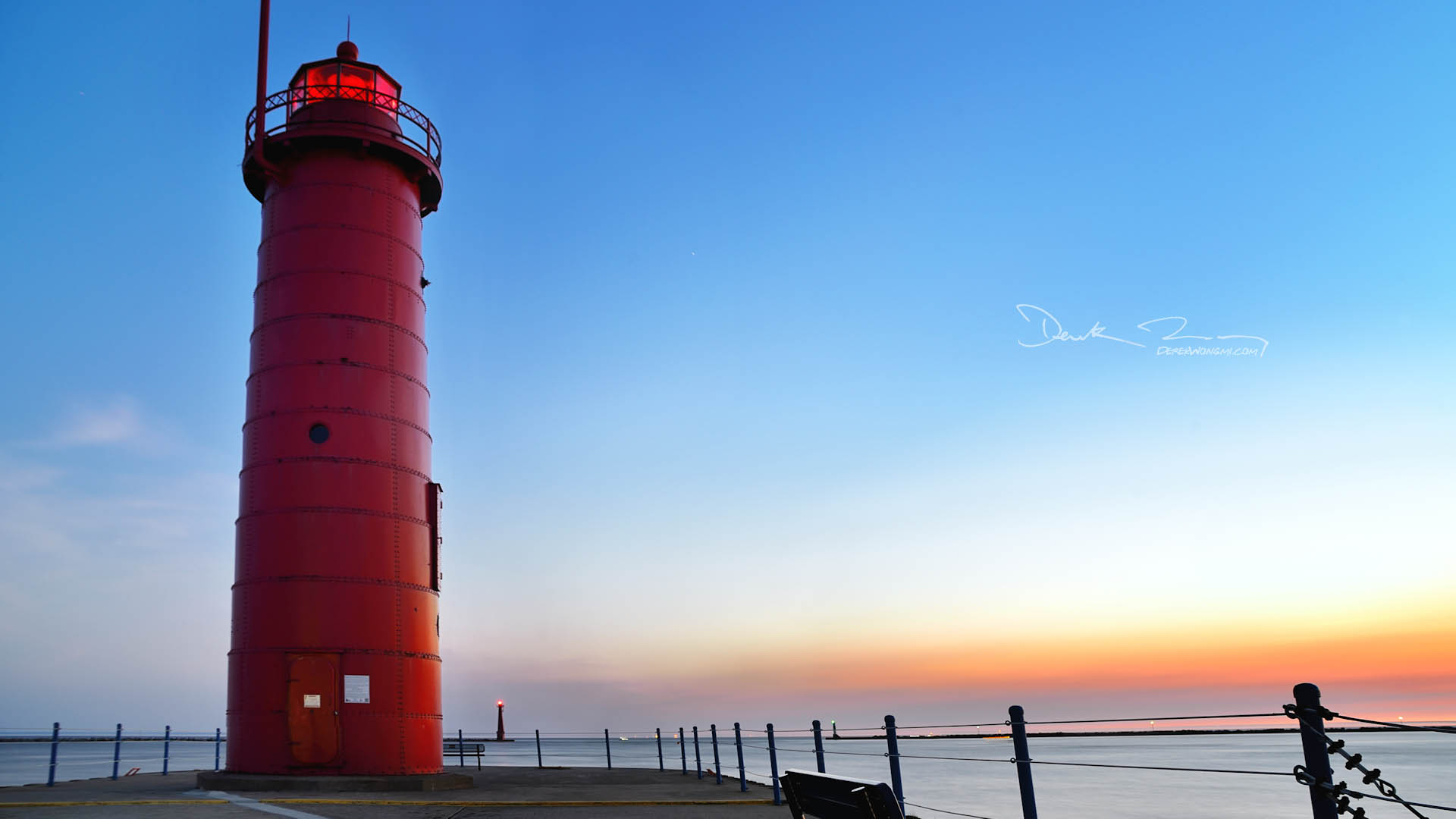 Muskegon Main Light Sunset Looking At Wisconsin